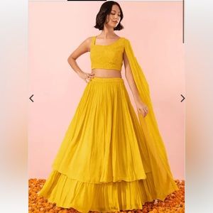 Mustard Tiered Lehenga Set with Sequin Embroidered Blouse and Dress